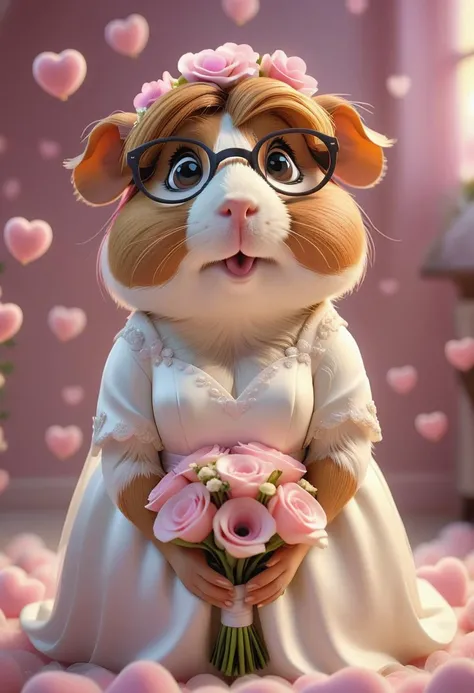 pixar character ,pixar style,a female guinea pig, wearing glasses, long eyelashes, cute, holding bouquet, wearing wedding dress, surrounded by many pink heart clouds, romantic, (best quality), (masterpiece), (best lighting), (high detailed skin:1.0),( detailed eyes), 8k uhd, dslr, soft lighting, best quality, film grain, Fujifilm XT3,