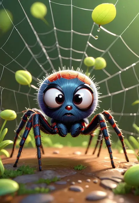 pixar style of a  spider, as a cartoon character,  tinny cute, spider web,   spring ,  high detailed, photorealistic, 8k , smooth, simple