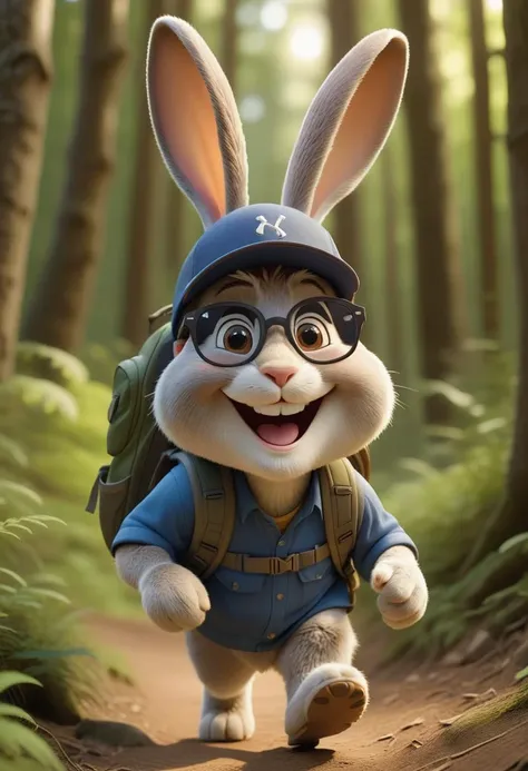 pixar character ,pixar style,a rabbit hiking down a wooded trail,wearing  cap, sunglasses, backpack, gluteal fold, huge smile(best quality), (masterpiece), (best lighting), (high detailed skin:1.0),( detailed eyes), 8k uhd, dslr, soft lighting, best quality, film grain, Fujifilm XT3,