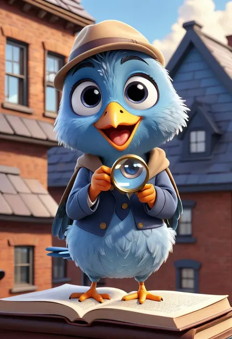 pixar style of bird, as a cartoon character,  tinny cute, holding a magnifying glass, looking at magnifying glass, detective, book, on the roof, smile, high detailed, photorealistic, 8k , smooth, simple