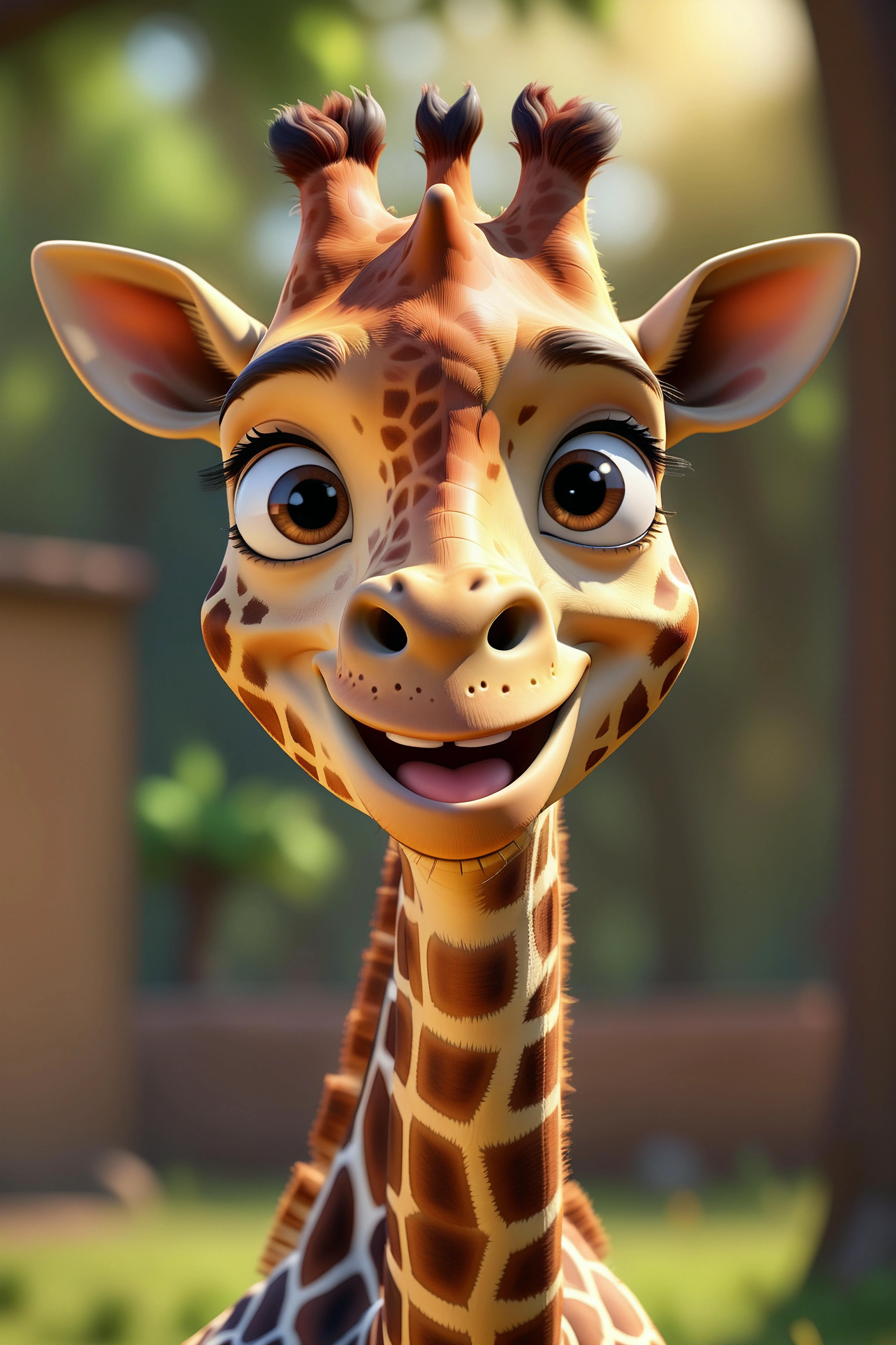 (little giraffe),pixar style,8k,realistic,vray,HDR,6000K,perfect light,bokeh,dept of field,photorealistic,masterpiece,high resolution,best quality,
(pixar style),(pixar character:1.2, smiling, happiness, black marking on the eye,