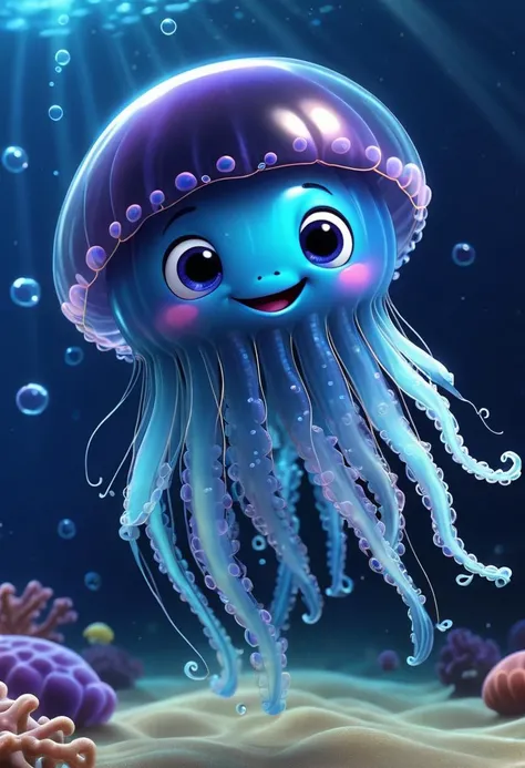 pixar style of  jellyfish,  as a pixar character,  tinny cute, ((( luminous))), in the ocean, bubbles,  glitter dust, smile, high detailed, photorealistic, 8k
