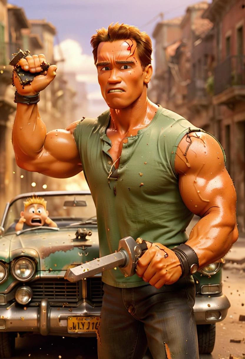 <lora:Arnold Schwarzenegger 90s - (Trigger is Arnold Person):1> Pixar Animation Studios Arnold person smashing a car with his bare hands.