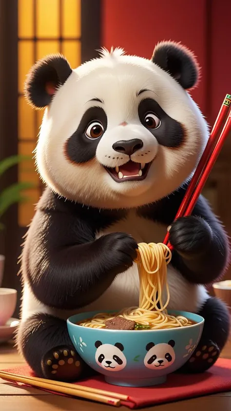 1 cute panda, fat, eating a small bowl of beef noodle, vibrant, crystal clear, soft lighting, <lora:Cute_3D_Cartoon:0.2>,  <lora:Chinese style illustration v2:0.8>, warm background, flat color, comics, soft fur, 1 chopsticks