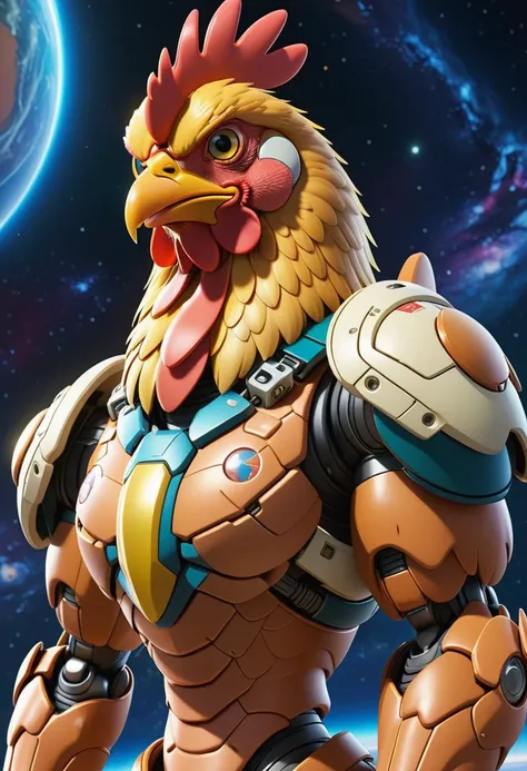a tall chicken  with mech BTX, helmet,  muscular,  floating in the universe, anime key visual, vintage 90's manga style, full shot, far distance,  (best quality), (masterpiece), (best lighting), (high detailed skin:1.0),( detailed eyes), 8k uhd, dslr, soft lighting, best quality, film grain, Fujifilm XT3, wide angle lens, slender limbs, around by electricity