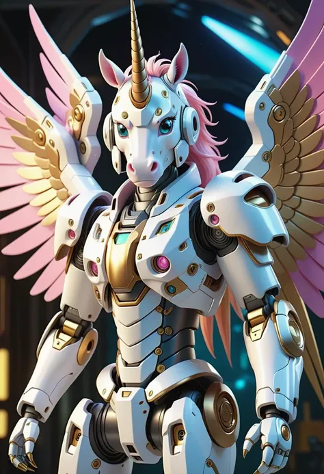 (best quality,4k,highres,masterpiece:1.2),ultra-detailed,(realistic,photorealistic:1.37), A breathtakingly beautiful female humanoid unicorn cyborg android, (a shimmering unicorn horn:1.8), porcelain skin, striking eyes, delicate features, futuristic sci-fi, intricate mechanical parts, glowing cybernetic implants, elegant and graceful pose, hyper-realistic, photorealistic, masterpiece, 8k, ultra-detailed, cinematic lighting, dramatic shadows, vivid colors, highly saturated, neon highlights, glowing energy fields, complex machinery, sleek and modern, cutting-edge technology, advanced AI, seamless integration of organic and mechanical elements