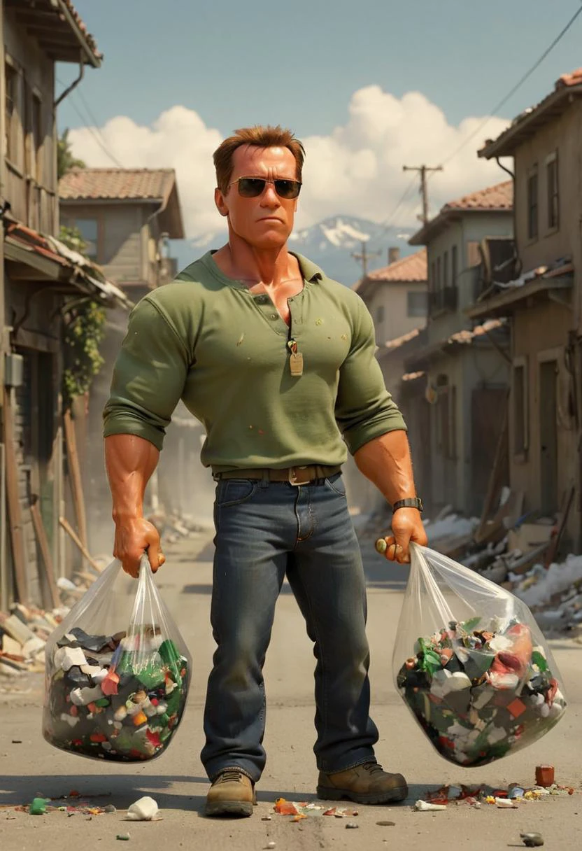 <lora:Arnold Schwarzenegger 90s - (Trigger is Arnold Person):1> (Pixar Animation Studios:1.5) Arnold person taking out the trash to street at his suburban home. The garage has exploded and it's snowing. Arnold is unphased. Sunglasses. Epic pix dreamworks studio 3d animation. <lora:Explosion Artstyle - Trigger is Explosion Artstyle:1> explosion artstyle.