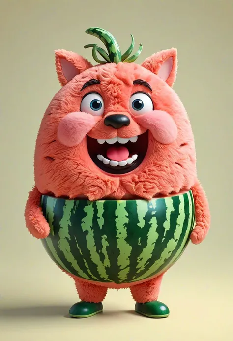 chubby cute fluffy fat ((watermelon)) belly, furry staff toy, funny facial expression, exaggerated action, 3D character, a bit fluffy, elougate shapes, cartoon style, minimalist, HD, high detailed, 8k