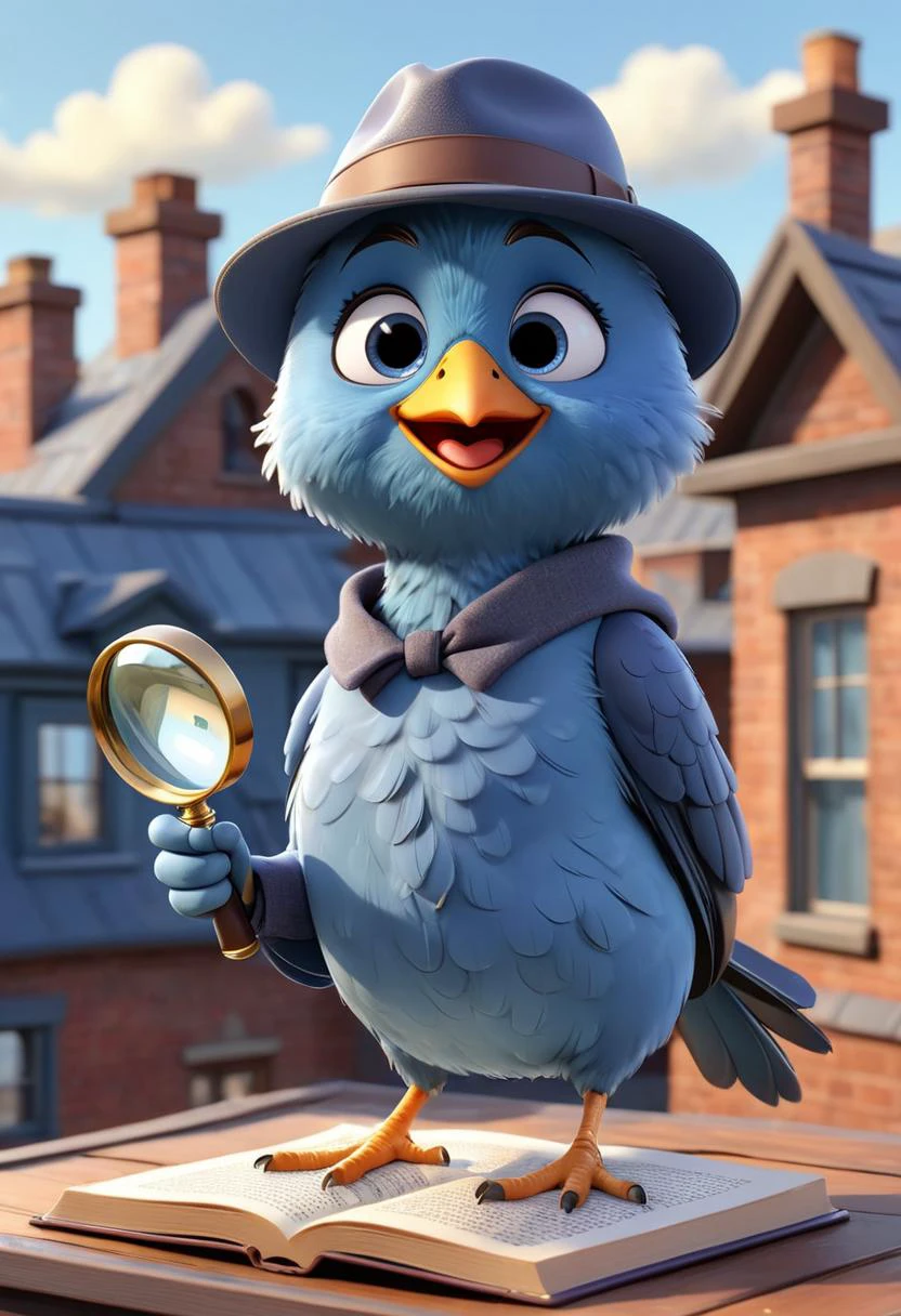 pixar style of bird, as a cartoon character, tinny cute, holding a magnifying glass, looking at magnifying glass, detective, book, on the roof, smile, high detailed, photorealistic, 8k , smooth, simple