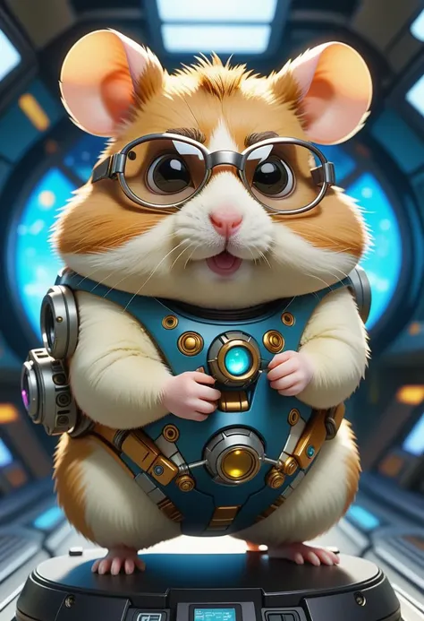 a boss hamster with mech BTX, science fiction, wearing cool futuristic glasses, fat, floating in the universe, anime key visual, vintage 90's manga style, full shot, far distance,  (best quality), (masterpiece), (best lighting), (high detailed skin:1.0),( detailed eyes), 8k uhd, dslr, soft lighting, best quality, film grain, Fujifilm XT3, wide angle lens, slender limbs, around by electricity
