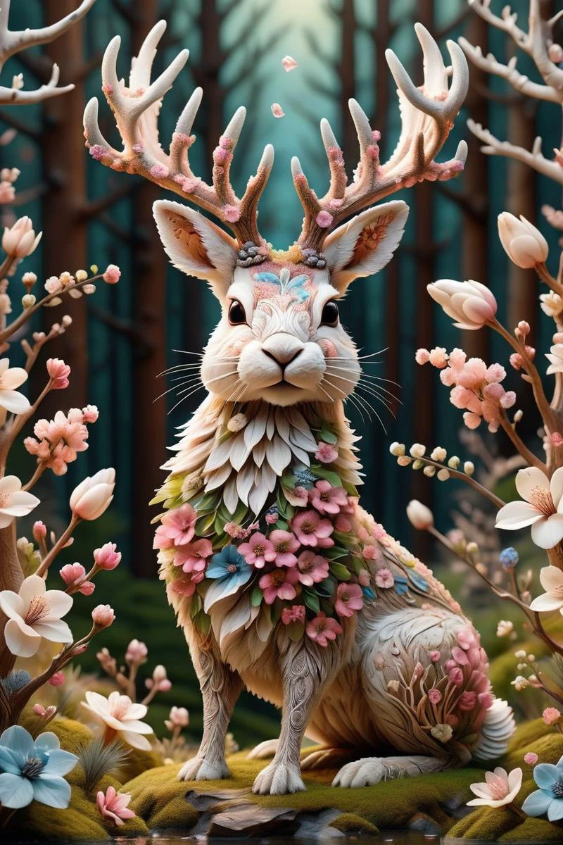 cute jackalope with whimsical nature made of DonMS4kur4XL, intricate details, whimsical, magical, best quality, masterpiece<lora:DonMS4kur4XL-000006:0.8>