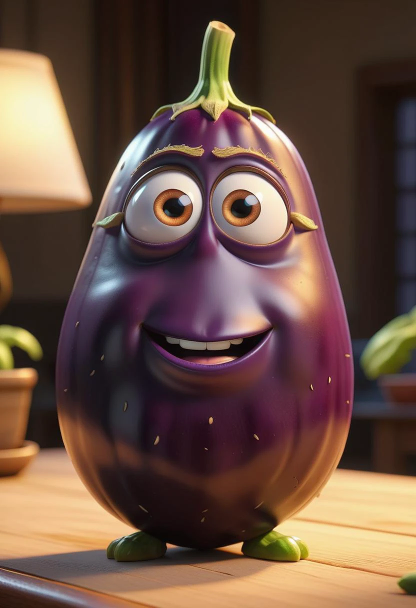 pixar style, an eggplant, as a pixar character, cute, disdian looking eyes, (best quality), (masterpiece), (best lighting), (high detailed skin:1.0),( detailed eyes), 8k uhd, dslr, soft lighting, best quality, film grain, Fujifilm XT3,