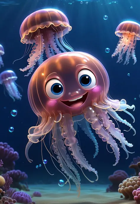 pixar style of  jellyfish,  as a pixar character,  tinny cute, ((( luminous))), in the ocean,  , bubbles, smile, high detailed, photorealistic, 8k