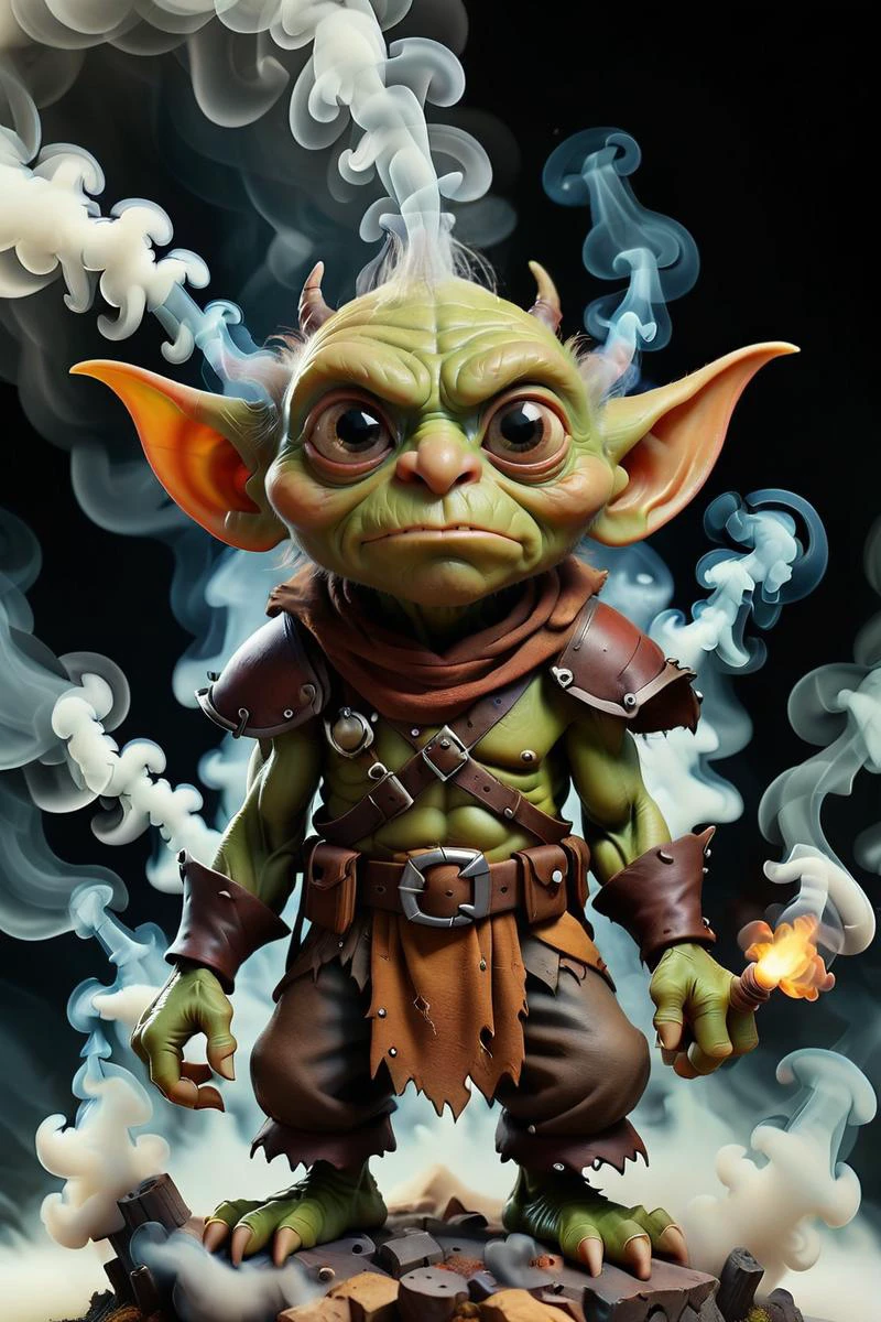 cute goblin with cunning eyes surrounded by smoke, intricate details, whimsical, magical, best quality, masterpiece<lora:dvr-smk-sdxl:0.8>