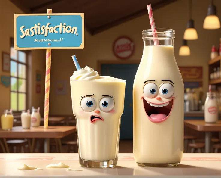Pixar animation of a half empty bottle of milk standing next to a vanilla milkshake in a slender glass,desperate face,<lora:WildcardX-XL-Detail-Enhancer:0.6>,holding sign (text:"satisfaction!"),