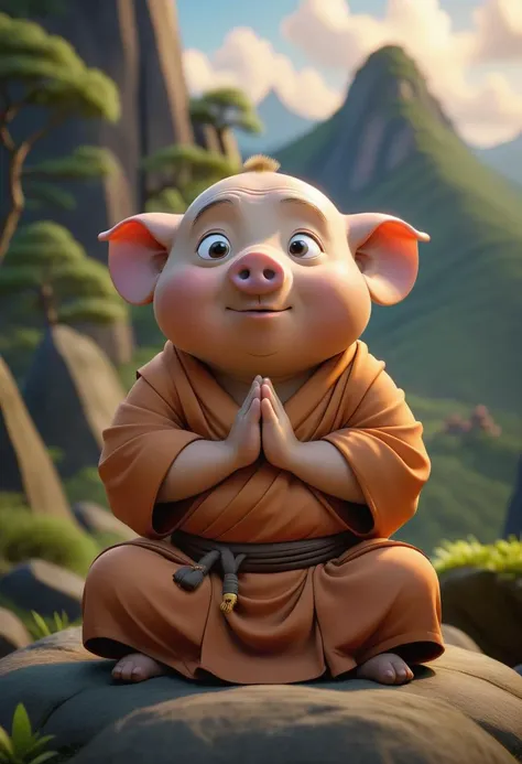 pixar character ,pixar style,a  monk pig,cute,meditating, at top of the mountain,meditate(best quality), (masterpiece), (best lighting), (high detailed skin:1.0),( detailed eyes), 8k uhd, dslr, soft lighting, best quality, film grain, Fujifilm XT3,