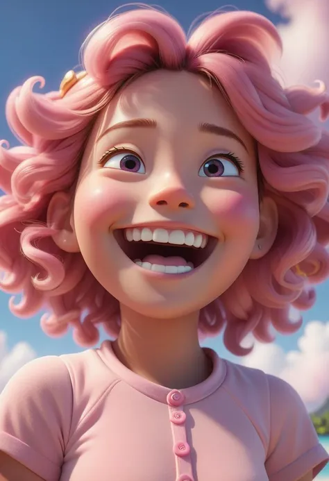 pixar character ,pixar style,pink cloud ,happy ,cute smile, sunshine, in paradise, very detailed face(best quality), (masterpiece), (best lighting), (high detailed skin:1.0),( detailed eyes), 8k uhd, dslr, soft lighting, best quality, film grain, Fujifilm XT3,