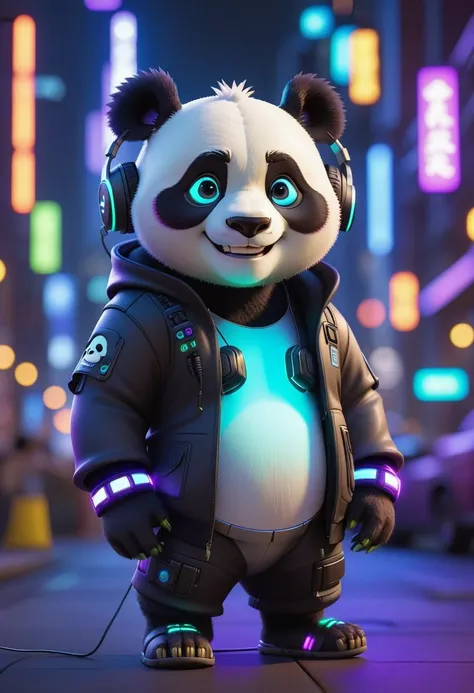 pixar character ,pixar style,a  cyberpunk  panda,wearing headphones,cool, at city,noen lights, cool smile(best quality), (masterpiece), (best lighting), (high detailed skin:1.0),( detailed eyes), 8k uhd, dslr, soft lighting, best quality, film grain, Fujifilm XT3,