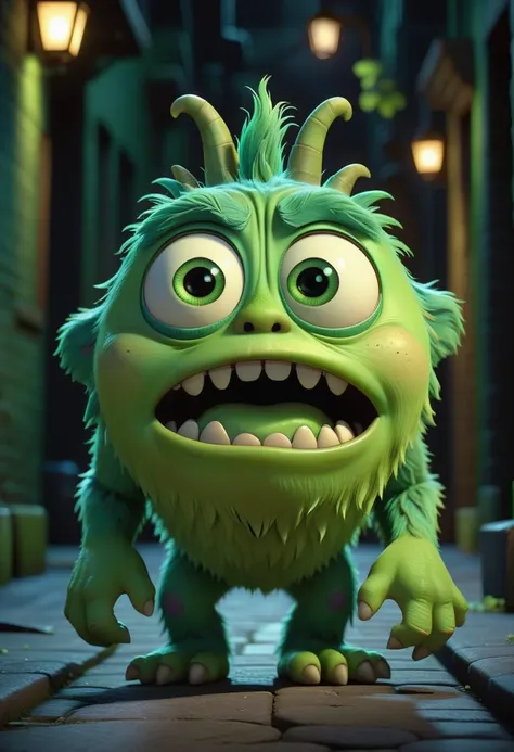 pixar character ,pixar style,cute green moster ,scared, scared ang lost,very detailed face,at the dark alley (best quality), (masterpiece), (best lighting), (high detailed skin:1.0),( detailed eyes), 8k uhd, dslr, soft lighting, best quality, film grain, Fujifilm XT3,