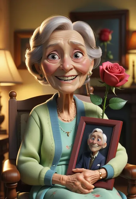 pixar character ,pixar style,a grandmother ,cute smile holding a rose,hugging dead husbands picture frame, seating at the chair,loved, emotional,watery eyes,very detailed face,living room background,  (a picture frame of the death husband at ht wall ) (best quality), (masterpiece), (best lighting), (high detailed skin:1.0),( detailed eyes), 8k uhd, dslr, soft lighting, best quality, film grain, Fujifilm XT3,