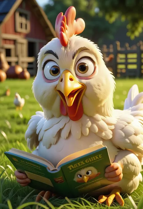 pixar character ,pixar style, a chicken, reading books, farm, grass, full shot, (best quality), (masterpiece), (best lighting), (high detailed skin:1.0),( detailed eyes), 8k uhd, dslr, soft lighting, best quality, film grain, Fujifilm XT3,