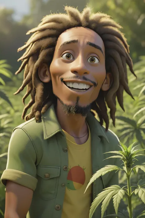 8k, realistic, vray, HDR, 6000K, perfect light, dept of field, photorealistic, masterpiece, high resolution, best quality,
(pixar character:1.2), bob marley in the cannabis field,