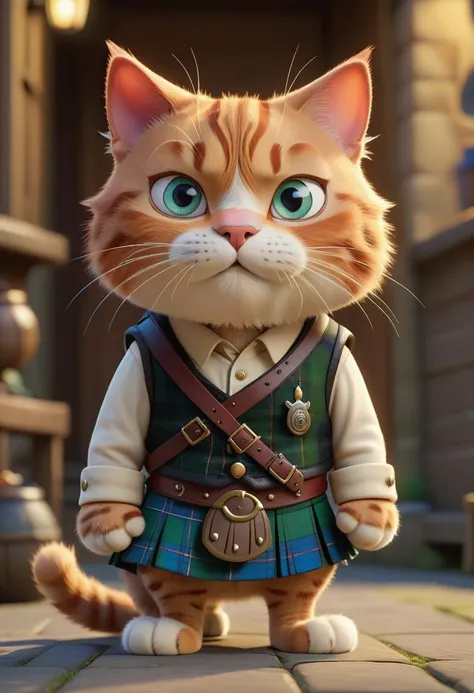 pixar character ,pixar style, Cat wearing Kilt ,
 detailed face
(best quality), (masterpiece), (best lighting), (high detailed skin:1.0),( detailed eyes), 8k uhd, dslr, soft lighting, best quality, film grain, Fujifilm XT3,