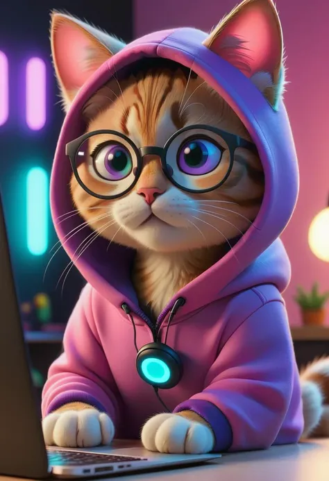 pixar character ,pixar style, cute cat with round glasses, hearing black hoodie, headset, sitting in front of laptop,
detailed face, dark kawaii room with led lights, pink, cyan, purple,
(best quality), (masterpiece), (best lighting), (high detailed skin:1.0),( detailed eyes), 8k uhd, dslr, soft lighting, best quality, film grain, Fujifilm XT3,
