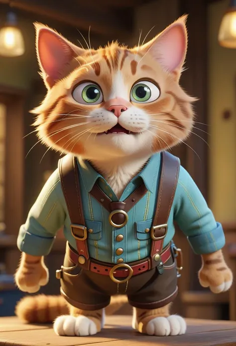 pixar character ,pixar style, Cat wearing Lederhosen ,
 detailed face
(best quality), (masterpiece), (best lighting), (high detailed skin:1.0),( detailed eyes), 8k uhd, dslr, soft lighting, best quality, film grain, Fujifilm XT3,