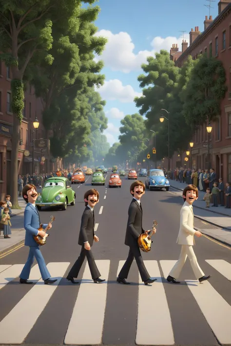 8k, realistic, vray, HDR,  6000K, perfect light, bokeh, dept of field, photorealistic, masterpiece, high resolution, best quality,
pixar character ,pixar style, the beatles, happiness