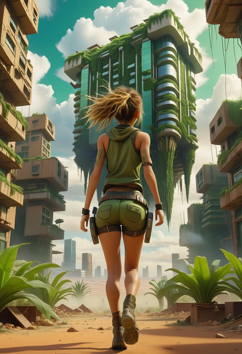 Back view of a lonely girl, running to the middle of 2 world, futuristic buildings with green plants upside down and dropping down from the cloud, post-apocalypse, desert, end of the world, full shot, far distance, (best quality), (masterpiece), (best lighting), (high detailed skin:1.0),( detailed eyes), 8k uhd, dslr, soft lighting, best quality, film grain, Fujifilm XT3, wide angle lens