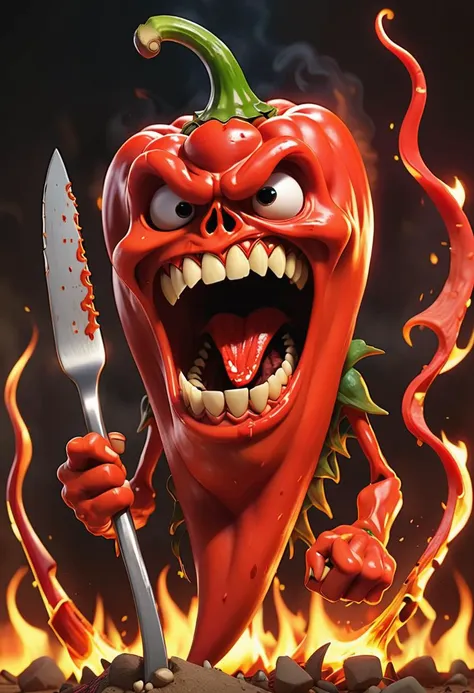 Disney pixar animation of the hottest red pepper in the world with a face mode of ral-drp, California Reaper, on fire, ready to kill you, gnash teeth, dripping sliva, holding fork and knife, looking very badass, (anthropomorphism:1.2), <lora:WildcardX-XL-Detail-Enhancer:0.7>