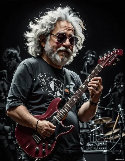 jerry garcia dark glasses, tshirt logo, performing on stage, (monochrome, black and white,:1.2) solid black background, minimalist drawing sketch, playing maroon guitar, pencil art, profile from side, 8k, china cat,