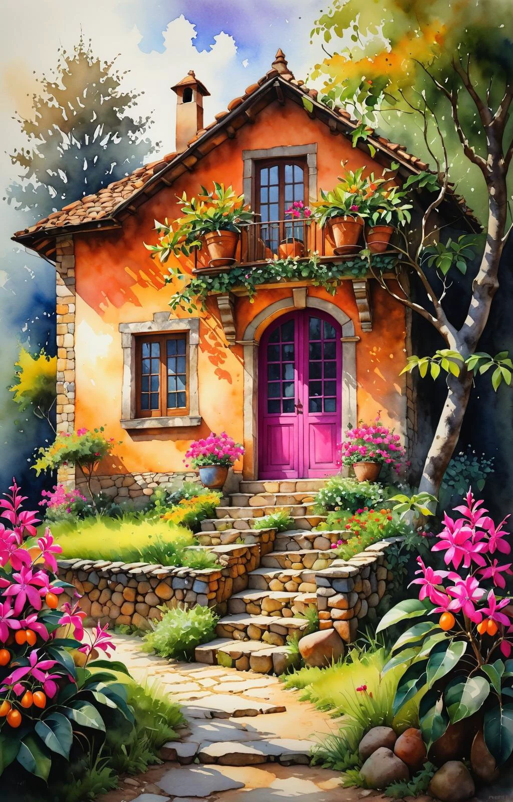 watercolor painting (masterpiece) watercolor drawing of village stone house in the midle of forest, Huge Clementine tree near house, shadow from the tree, long path amoung flower pots, fuchsia flower, forest, summer flower, brown wood door, dramatic lighting, vibrant, beautiful, painterly, detailed, textural, artistic, cinematic lighting
