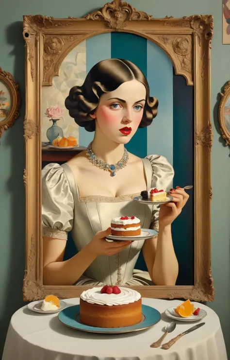 masterpiece, The Belle Époque, a painting with frame on a wall, woman eating a piece of cake with hands, exceptional details, dramatic atmosphere,