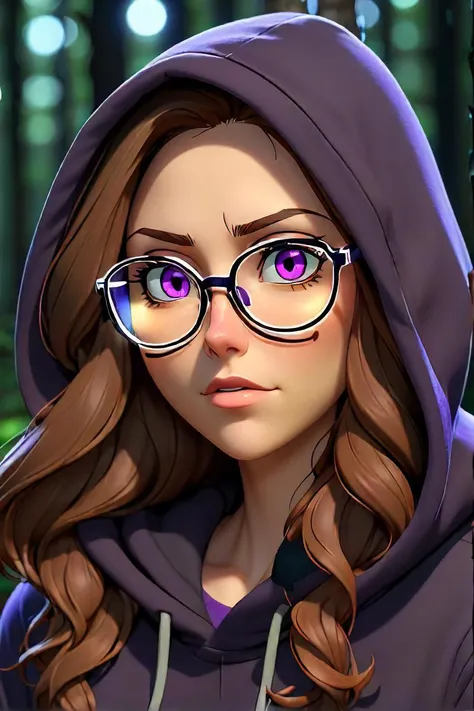 woman, anya melfissa, hololive indonesia, long hair, wavy hair, brown hair, purple eyes, small breasts, hoodie, expressionless, glasses, forest, night, bokeh, anime screencap, very aesthetic, masterpiece, best quality,