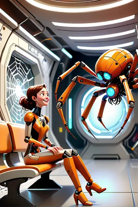 in this alternate reality, a woman with sparkling eyes and radiant smile sits on a bench within an expansive space station. the station is bathed in the soft glow of overhead lights, casting gentle shadows that dance across its metallic walls. a long, curved walkway stretches out before her, leading to another part of the station where a small crowd of friendly looking extraterrestrial beings are gathered. as she gazes ahead, a spider like robot, its body glowing with a warm orange hue, scurries up the side of the wall. its mechanical limbs click and clank as it moves, drawing the woman's attention. the robot seems curious about her presence and stops to observe her, tilting its head to one side. the air is filled with a sense of joy and wonder as various other robots and creatures come into view some resembling animals, others like intricate machines. they all seem to be at ease in their environment, interacting with each other and the surroundings with curiosity and delight. the woman reaches out her hand towards the spider like robot, her fingers almost touching its metallic body. as their fingertips meet, a burst of energy connects them, and they share an instant bond. the spider like robot chirps softly, acknowledging the connection, and the woman smiles even wider, feeling a sense of belonging in this futuristic world. as they continue exploring together, the woman and the spider like robot become the heart of this lively space station, embodying the spirit of discovery, friendship, and the boundless potential of imagination.