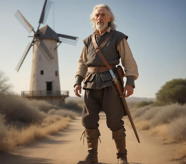 full body shot,over the shoulder,looking at viewer,RAW,DSLR,epiCPhoto,sharp long shot,award winning photo,ultrasharp,artistic photoshoot,shallow depth of field,vignette,highly detailed,high budget,bokeh,cinemascope,moody,epic,gorgeous,masterpiece,best quality,detailed,
BREAK
man of la mancha novel in a scene of don quixote standing proud and saluting while wearing old battered mismatched tarnished metal armor and torn leather boots,don quixote is an old man with long white hair and a scraggly white beard,a small windmill stands behind him,
BREAK
d3t41l3d,<lora:epiC35mm:1>,epiC35mm,<lora:epiCNegative:1>,epiCNegative,extremely detailed,<lora:add_detail:1>,add_detail:1.5,dynamic,<lora:SkinDetailNeg-neg:1>,SkinDetailNeg,<lora:fixl-art :1>,fixl-art,<lora:Hands:1>,handslora,<lora:Perfect Hands:1>,Perfect Hands,<lora:perfection style:1>,perfection style,perfection,perfect,<lora:PerfectEyesXL:0.8>,brown eyes,perfecteyes,maniacal laughter,<lora:maniacal_laughter:1.5>,maniacal laughter,<lora:d\EnvyActionShotXL01:1>,action shot,, Photorealistic, Hyperrealistic, Hyperdetailed, analog style, soft lighting, subsurface scattering, realistic, heavy shadow, masterpiece, best quality, ultra realistic, 8k, golden ratio, Intricate, High Detail, film photography, soft focus