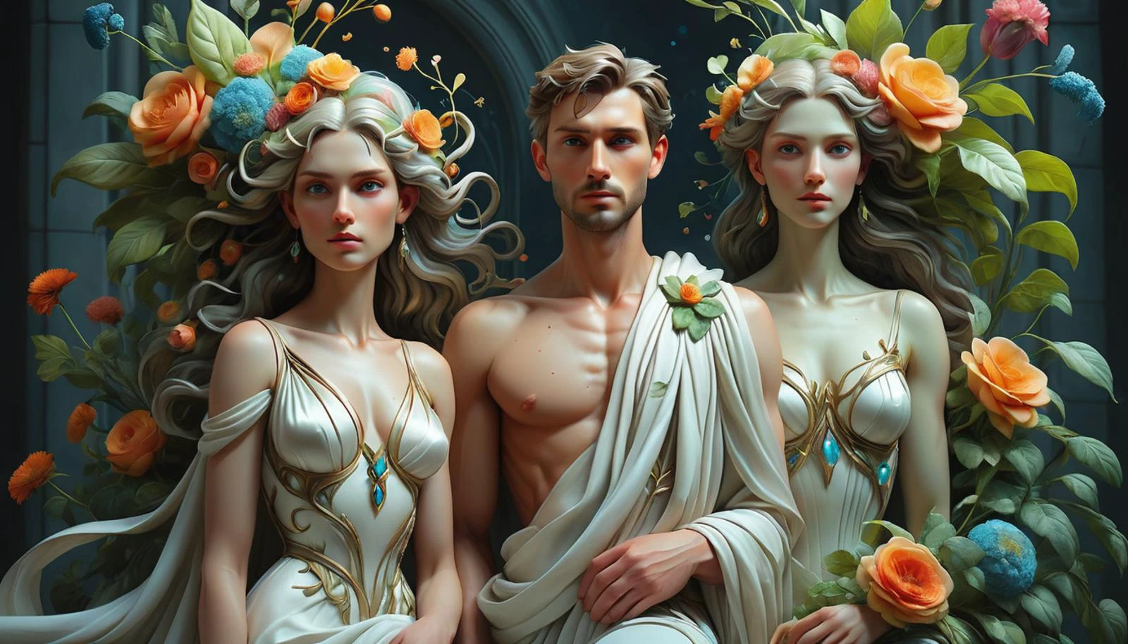 Imbue the image with visions of hope, wonderment, and majestic majesty.,,,, vibrant watercolor, colorful, highly detailed digital art, beautiful classical portrait painting of a man, woman and woman draped in white fabric and silk shoulder dress, covered in flowers and leaves, a rainbow, matte painting, (by Michelangelo James jean:0.9), Mike Winkelmann, 8k resolution, ultrawide post processing, octane render, photorealistic, hyperrealistic, cinematic, illustration, dark moody, gloomy, surrounds it, artstationhq, hd, fabric to clean design, amazing detail, dramatic, warm light. 3D, trending on artstation. 8k very detailed, dark, vibrant colors, dark colors, dark colors, intricate, intricate, minimalist, beautiful, colour scheme, intensely very closeup art by gurney, peter mohrbacher and, photorealistic, trending on artstation, Moody, artist
<lora:Bio-Luminescence:0.4> <lora:artfullyENGRAVED_SDXL_V1:0.3> <lora:DonM3lv3sXL:0.6> <lora:DonM3t3rn1tyXL-v1.1:0.4> <hypernet:ghost_v10:0.3>