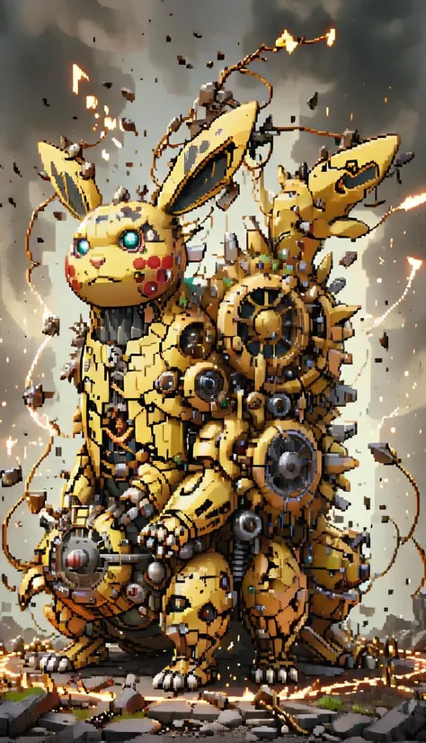 Electric-Type, Pikachu, Jolts of Lightning, Explosive, Destructive, Powerful, Shattering, Cascading lights, Fragmenting Reality, Explosive, Military Attire,, cinematic lighting, HD 8k, high detail, atmospheric, trending on artstation, deviantart, high quality print, trending on artstation, deviant art, top row, high quality life, fine art, clear image, attention to proportions, warm lighting, very wholesome, kawaii & kawaii style, very very detailed, hyper photorealism, elegant vibe, (digital art by Steven Spielberg:1.65), Covan, 8k concept art, smooth, sharp focus, full body Hunder accents, symmetrical, well proportioned bodylight, 8k UHD, high definition, wide shot from below, incredibly detailed environment concept art by Tom Bagshaw, illustration, professional art by Henri Cartier Bresson, DeviantArt, art by WogArt deco 
 <lora:pokesprite:1> <lora:After_Mech_Dyst:1>