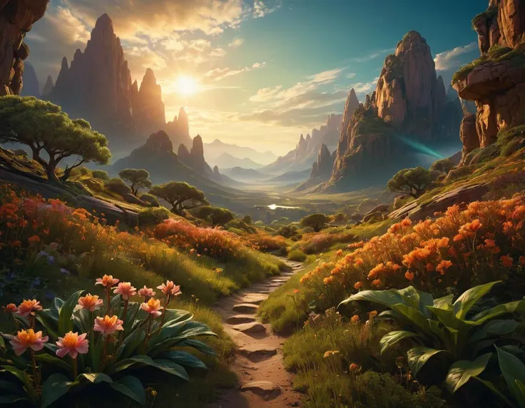 cinematic still Stunning sci-fi fantasy landscape replete with flora. Wonderous and full of enchanting mysteries. Hyperrealistic, sharp focus, mixed media, dramatic lighting, ultra-detailed, ray-traced, award-winning, light leaks, high contrast, warm colors, color graded, zavy-rmlght, chiaroscuro, fluorescence, artialien . emotional, harmonious, vignette, 4k epic detailed, shot on kodak, 35mm photo, sharp focus, high budget, cinemascope, moody, epic, gorgeous, film grain, grainy, Stunning sci-fi fantasy landscape replete with flora. Wonderous and full of enchanting mysteries. Hyperrealistic, sharp focus, mixed media, dramatic lighting, ultra-detailed, ray-traced, award-winning, light leaks, high contrast, warm colors, color graded, zavy-rmlght, chiaroscuro, fluorescence, artialien, pristine, detailed, complex, magic ambient background, dynamic, highly creative, cinematic, fine detail, rich deep vibrant, wonderful, pretty, elegant, romantic, amazing, breathtaking, stunning, intriguing, artistic, pure, glorious, epic, surreal, symmetry, illuminated, extremely beautiful, striking, intricate, fantastic, perfect composition, clear, crisp
