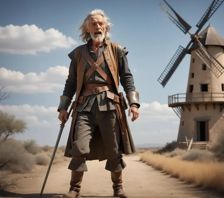 full body shot,over the shoulder,looking at viewer,RAW,DSLR,epiCPhoto,sharp long shot,award winning photo,ultrasharp,artistic photoshoot,shallow depth of field,vignette,highly detailed,high budget,bokeh,cinemascope,moody,epic,gorgeous,masterpiece,best quality,detailed,
BREAK
man of la mancha novel in a scene of don quixote standing proud and saluting while wearing old battered mismatched tarnished metal armor and torn leather boots,don quixote is an old man with long white hair and a scraggly white beard,a small wooden windmill stands menacingly behind him,
BREAK
d3t41l3d,<lora:epiC35mm:1>,epiC35mm,<lora:epiCNegative:1>,epiCNegative,extremely detailed,<lora:add_detail:1>,add_detail:1.5,dynamic,<lora:SkinDetailNeg-neg:1>,SkinDetailNeg,<lora:fixl-art :1>,fixl-art,<lora:Hands:1>,handslora,<lora:Perfect Hands:1>,Perfect Hands,<lora:perfection style:1>,perfection style,perfection,perfect,<lora:PerfectEyesXL:0.8>,brown eyes,perfecteyes,maniacal laughter,<lora:maniacal_laughter:1.5>,maniacal laughter,<lora:d\EnvyActionShotXL01:1>,action shot,, Photorealistic, Hyperrealistic, Hyperdetailed, analog style, soft lighting, subsurface scattering, realistic, heavy shadow, masterpiece, best quality, ultra realistic, 8k, golden ratio, Intricate, High Detail, film photography, soft focus