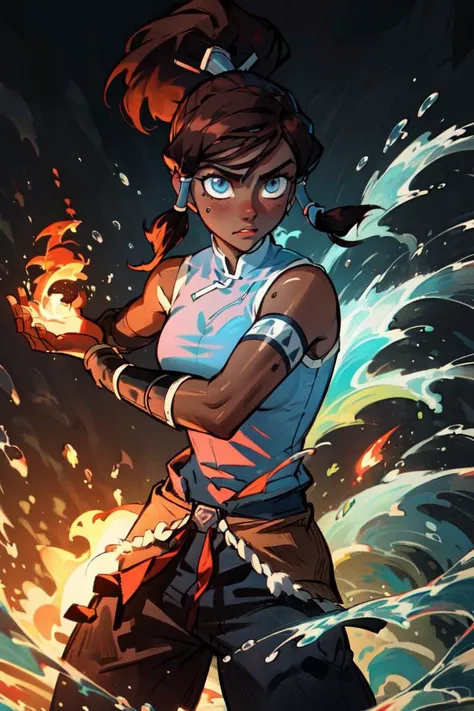 (korra:1.2), (bending elements, manipulating water, manipulating fire, magic, moving water:1.2), muscular woman, (ponytail, hair tubes), sleeveless, bare shoulders, brown hair, blue eyes, dark blue pants, winter background, snow, winter village, (tan skin, black skin, dark skin, dark-skinned female:1.5), (realistic:1.2), (masterpiece:1.2), (full-body-shot:1.2),(Cowboy-shot:1.2), neon lighting, dark romantic lighting, (highly detailed:1.2),(detailed face:1.2), (gradients), colorful, detailed eyes, (detailed landscape:1.2), (natural lighting:1.2),(detailed background), detailed landscape, (fighting pose:1.2), solo, close up, <lora:thelegendofkorra_korra-10:0.75> <lora:add_detail:0.15> <lora:hipoly3DModelLora_v10:0.05> <lora:RSERomantic_RSESofiko_RSEEmma-v1:0.1> <lora:BeautifulEyes:0.65> <lyco:coloredSkin-08:0.5>