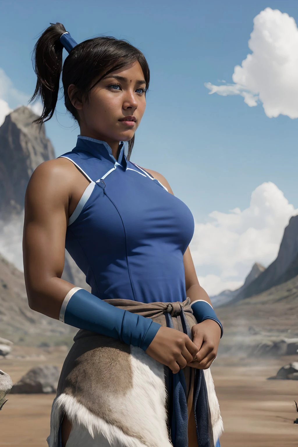 high quality photo of young <lora:thelegendofkorra_korra-10:1> korra, (dark-skinned female:1.2), ponytail, hair tubes, large breasts, blue eyes, (armband:1.2)
<lora:breastsizeslider:-0.5>, native, inuit, <lora:fingers4civitai:-2>