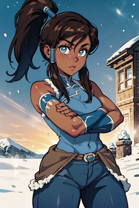 (korra:1.2), muscular woman, (ponytail, hair tubes:1.2), sleeveless, bare shoulders, brown hair, blue eyes, dark blue pants, winter background, snow, winter village, (tan skin, dark skin, dark-skinned female:1.5), (realistic:1.2),  (masterpiece:1.2), (full-body-shot:1.2),(Cowboy-shot:1.2), neon lighting, dark romantic lighting, (highly detailed:1.2),(detailed face:1.2), (gradients), colorful, detailed eyes, (detailed landscape:1.2), (natural lighting:1.2),(detailed background), detailed landscape, (cute pose:1.2), solo, close up, <lora:thelegendofkorra_korra-10:0.75> <lora:add_detail:0.15> <lora:hipoly3DModelLora_v10:0.05>  <lora:RSERomantic_RSESofiko_RSEEmma-v1:0.1> <lora:BeautifulEyes:0.65> <lyco:coloredSkin-08:0.5>