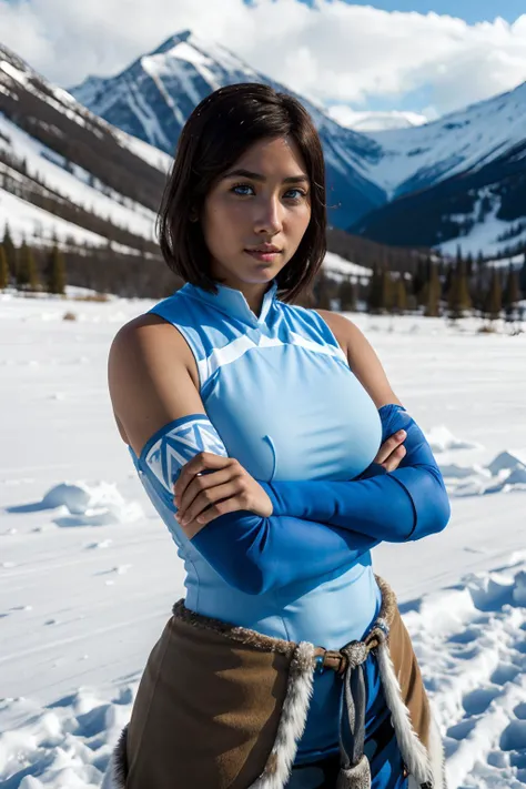 high quality photo of young <lora:thelegendofkorra_korra-10:1> korra, (dark-skinned female:1.2), short hair, large breasts, blue eyes, (armband:1.2)
<lora:breastsizeslider:-0.5>, ice field, snow, native american, inuit, Eskimo
