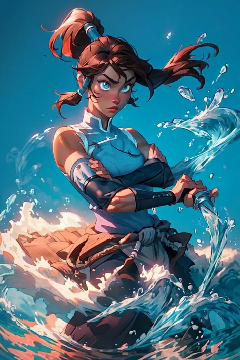 (korra:1.2), (bending water, manipulating water, magic, moving water:1.2), muscular, ponytail, hair tubes, sleeveless, bare shoulders, brown hair, blue eyes, dark blue pants, winter background, snow, winter village, (tan skin, black skin, very dark skin, dark skin, dark-skinned female:1.2), (realistic:1.2),  (masterpiece:1.2), (full-body-shot:1.2),(Cowboy-shot:1.2), neon lighting, dark romantic lighting, (highly detailed:1.2),(detailed face:1.2), (gradients), colorful, detailed eyes, (detailed landscape:1.2), (natural lighting:1.2),(detailed background), detailed landscape, (fighting pose:1.2), solo, close up, <lora:thelegendofkorra_korra-10:0.95> <lora:add_detail:0.15> <lora:hipoly3DModelLora_v10:0.05>  <lora:RSERomantic_RSESofiko_RSEEmma-v1:0.1> <lora:BeautifulEyes:0.65> <lyco:coloredSkin-08:0.5>