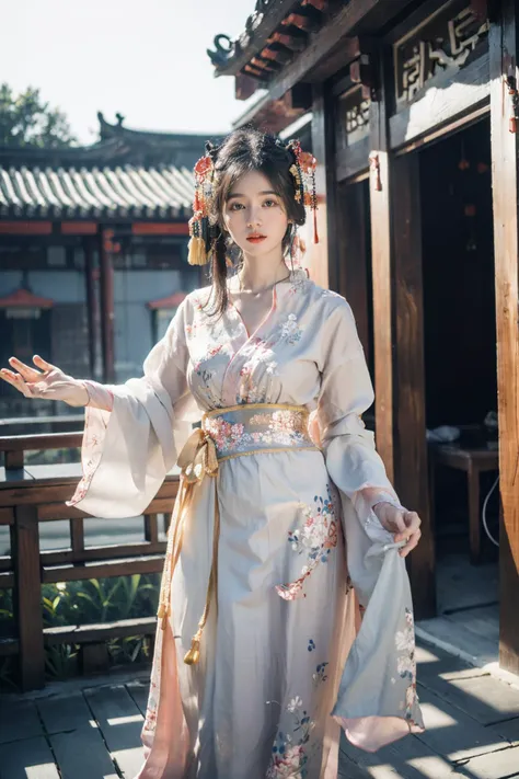 ((masterpiece), (best quality), ultra high res, (raw photo:1.2), (photorealistic:1.4), Exceptional detail, highres,   8k, absurdres, 
CN Girl6, 1girl, black hair, realistic, Han4,chinese clothes,flower,hair ornament, standing, Chinese Ancient tower, Chinese Ancient time, Ancient Temple, outdoor,
<lora:Chenchen_v2-000013:0.65>,     <lora:Han4:0.75>