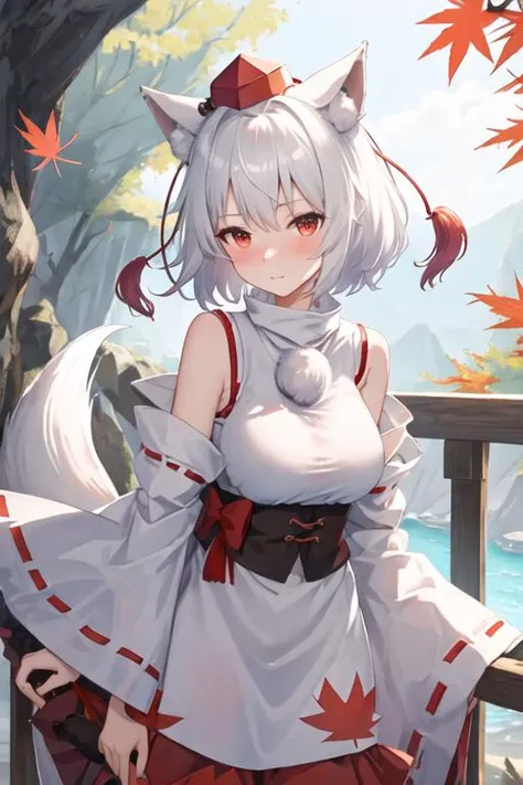 best quality, masterpiece, highres, solo, {inubashiri_momiji_touhou:1.15}, animal_ears, wolf_ears, short_hair, red_eyes, white_hair, hat, tokin_hat, wolf_tail, tail, blush, breasts, 1girl, bare_shoulders, detached_sleeves, leaf, maple_leaf, looking_at_viewer