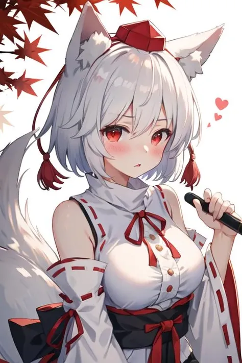 inubashiri_momiji_touhou,animal_ears, wolf_ears, short_hair, red_eyes, white_hair, hat, tokin_hat, wolf_tail, tail, blush, breasts,diaper,blush,public,crying,sweat,steam